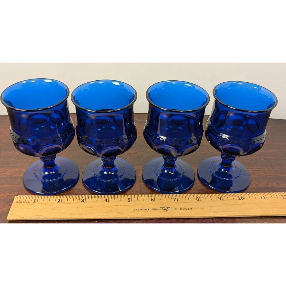 Vintage Cobalt Blue Goblets Set of 4 Paneled Stem Wine Water Glasses 4.5